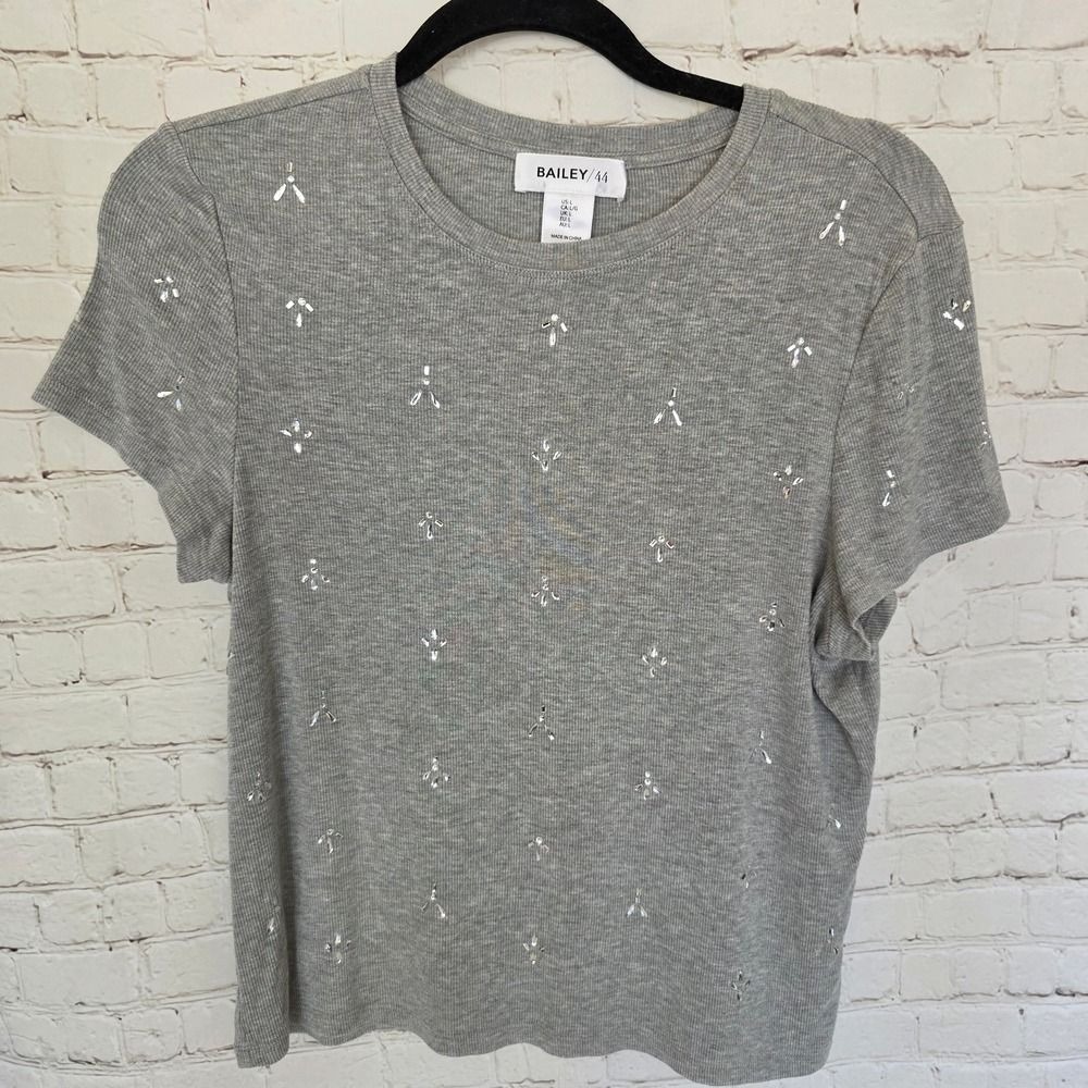 Bailey 44, Embellished  Rhinestone Top, Crystal, Grey Ribbed Shirt Size L